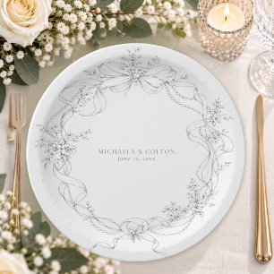 Assiettes En Carton Mariage Couronne Florale Grise Noire Classique Vin