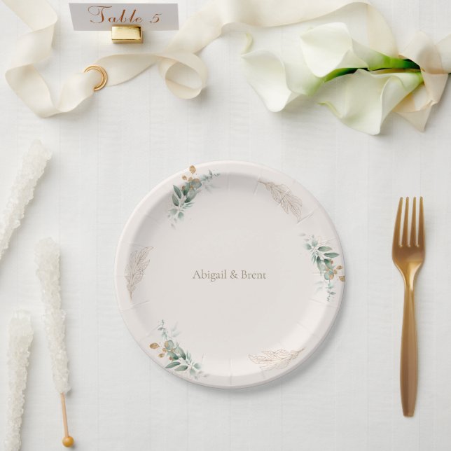 Assiettes En Carton Mariage Cream & Gold Foliage (Mariage)