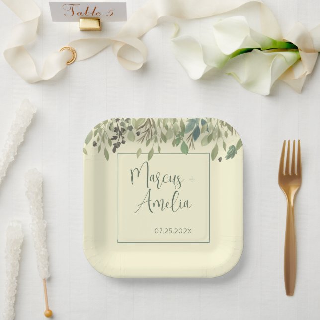 Assiettes En Carton Mariage crème moderne et eucalyptus (Mariage)