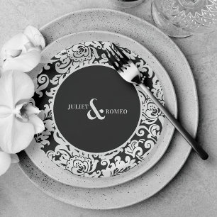 Assiettes En Carton Mariage damassé florale moderne noir & blanc éléga
