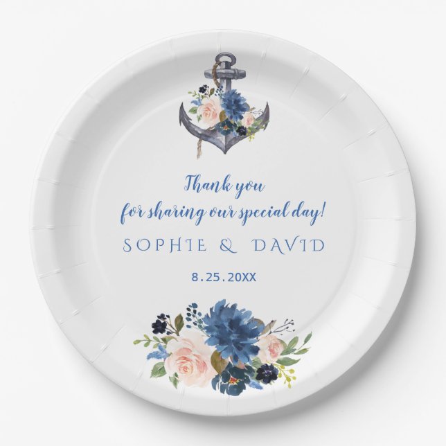 Assiettes En Carton Mariage d'Ancre floral bleu rose marine (Devant)