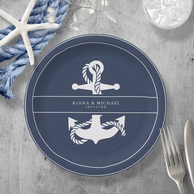 Assiettes En Carton Mariage d'Ancre Vague bleue V2 Wht/Navy ID836 (Créateur téléchargé)