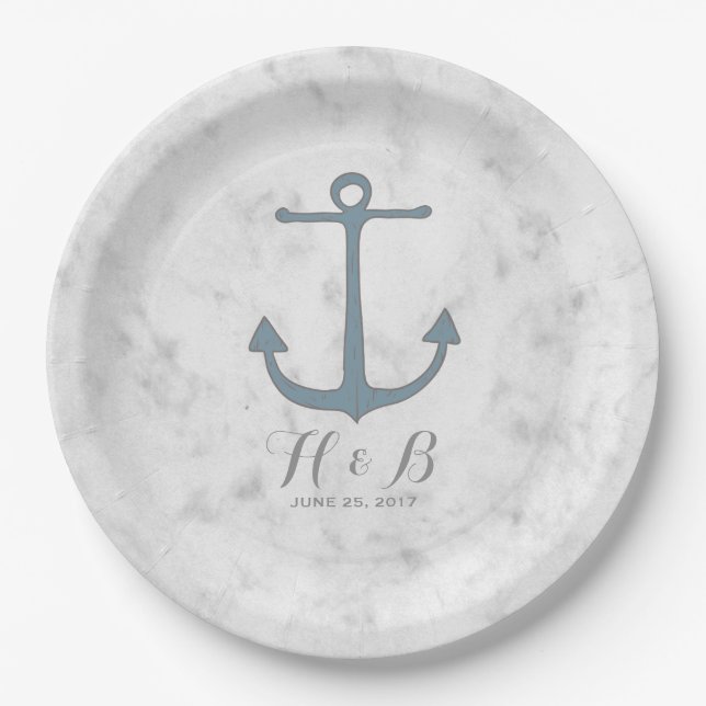 Assiettes En Carton Mariage d'Ancres Blue Rustic (Devant)