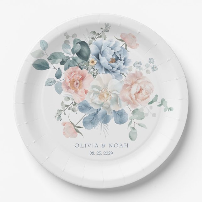 Assiettes En Carton Mariage dans le jardin floral bleu et rose pâle (Devant)
