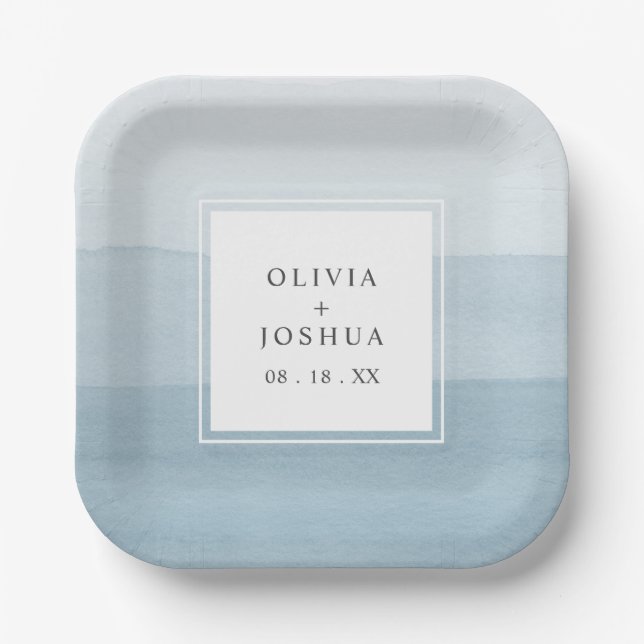 Assiettes En Carton Mariage d'aquarelle bleu (Recto)