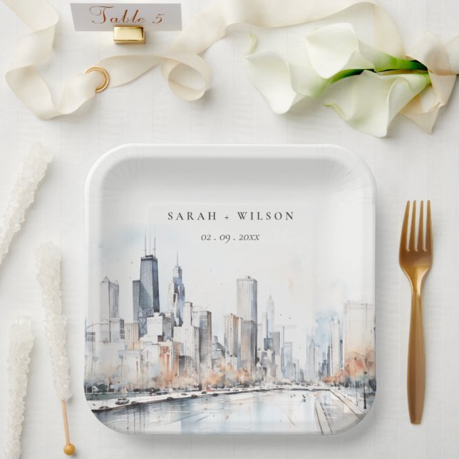 Assiettes En Carton Mariage d'aquarelle de Chicago, Illinois City Scap (Mariage)