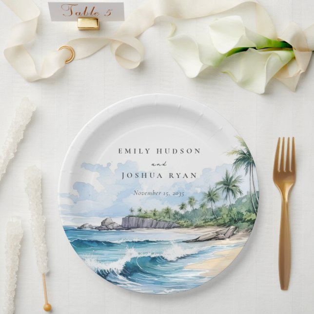 Assiettes En Carton Mariage d'aquarelle de plage Tropical (Mariage)