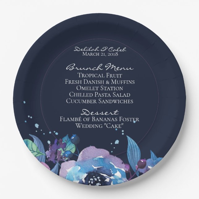 Assiettes En Carton Mariage d'aquarelle florale bleu foncé (Devant)