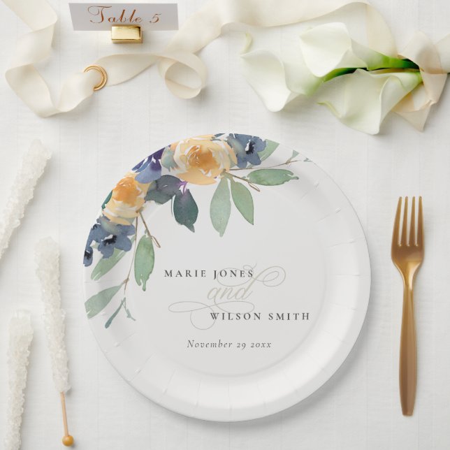 Assiettes En Carton Mariage d'aquarelle jaune bleu joyeux (Mariage)