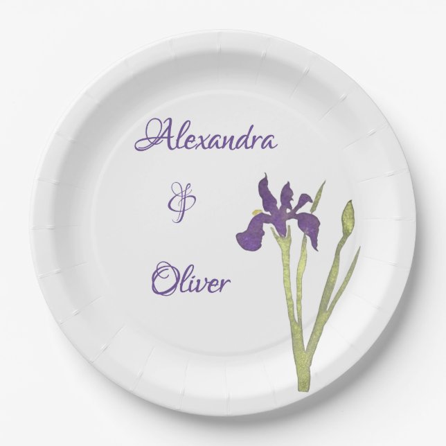 Assiettes En Carton Mariage d'aquarelle Purple & Gold Iris (Devant)
