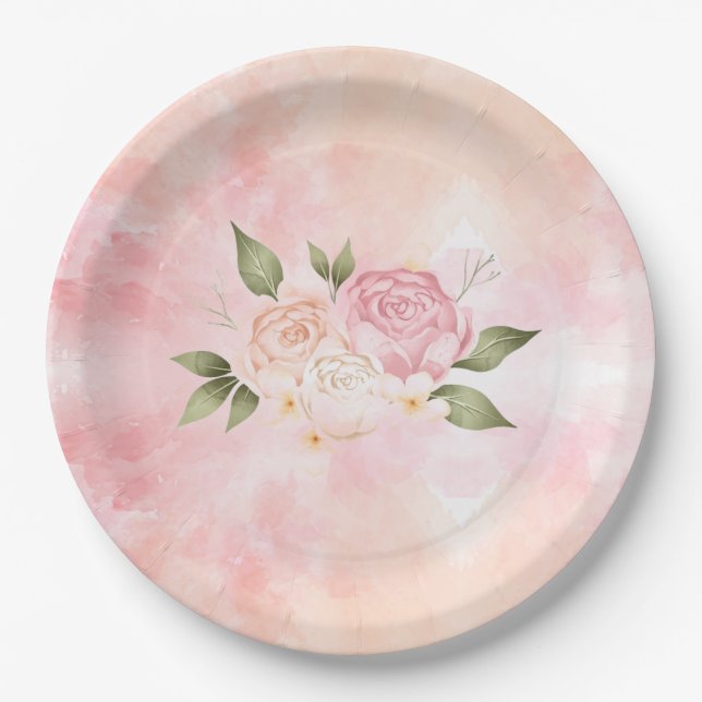 Assiettes En Carton Mariage d'aquarelle rose romantique (Devant)
