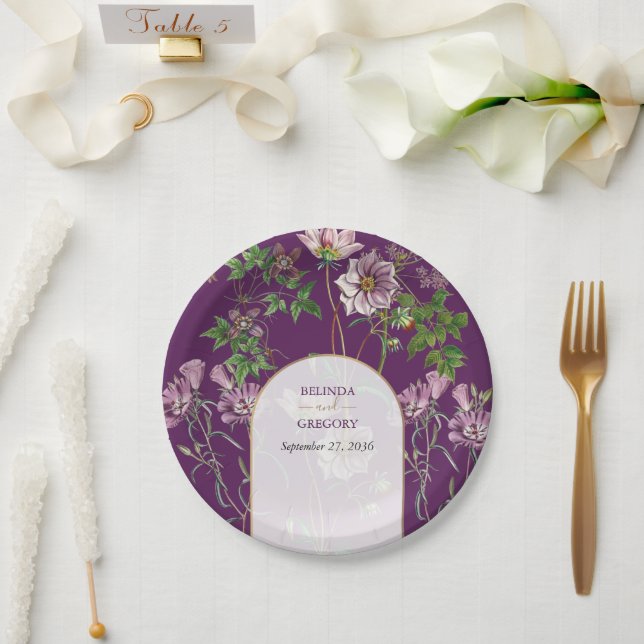 Assiettes En Carton Mariage d'arc doré fleuri violet (Mariage)