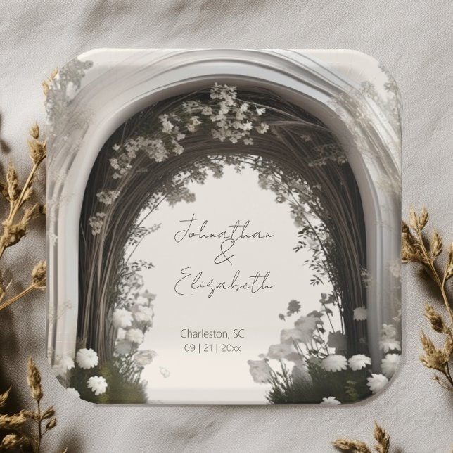 Assiettes En Carton Mariage d'arche botanique romantique (Romantic Boho Botanical Arch Wedding Paper Plates)
