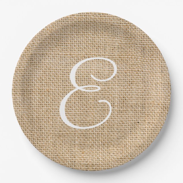 Assiettes En Carton Mariage de Burlap rustique Monogramme simple (Devant)