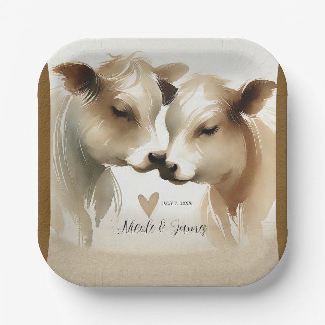 Assiettes En Carton Mariage de Campagne Amour Vache Marron Crème (Recto)