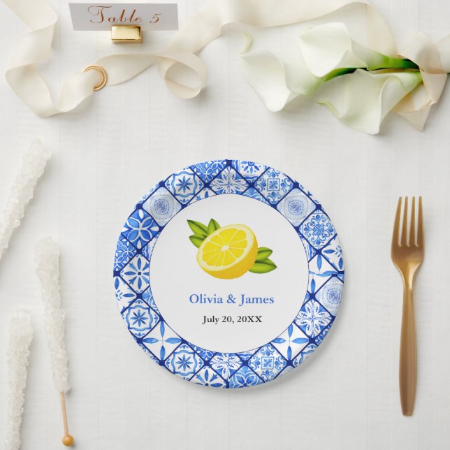 Assiettes En Carton Mariage de citron bleu méditerranéen italien (Mariage)