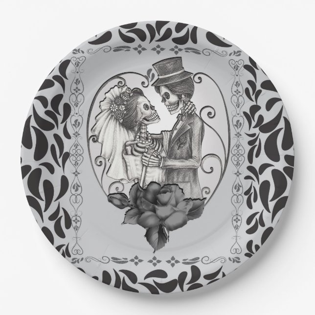 Assiettes En Carton Mariage de couple d'amour de squelette Danse gothi (Devant)