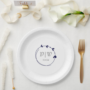 Assiettes En Carton Mariage de couronne simple Monogramme bleu marine