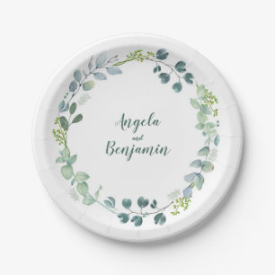 Assiettes En Carton Mariage de couronnes Feuilles vert aquarelle