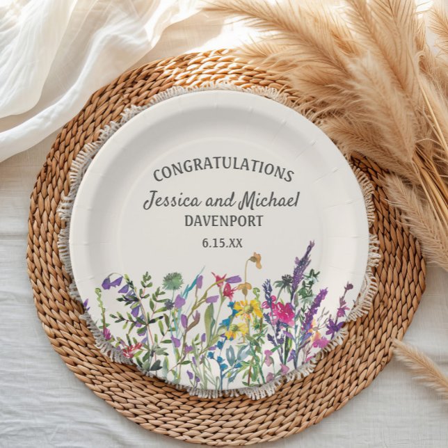 Assiettes En Carton Mariage de crème Fleur sauvage aquarelle (Custom watercolor wildflowers wedding/engagement paper plates)