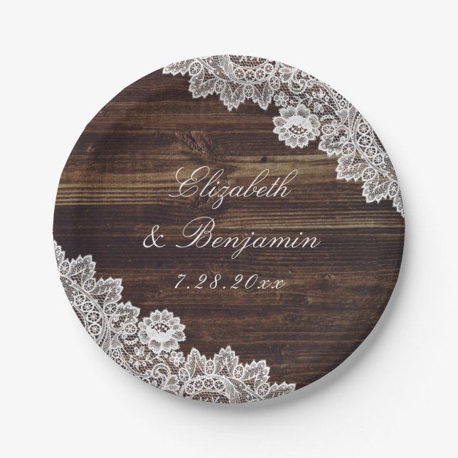 Assiettes En Carton Mariage de dentelle florale en bois rustique (Devant)