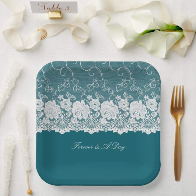 Assiettes En Carton Mariage de dentelle turquoise bleu blanc (Mariage)