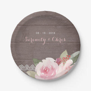 Assiettes En Carton Mariage de dentelle vintage rustique aquarelle