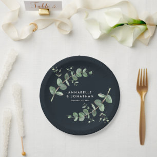 Assiettes En Carton Mariage de feuillage noir élégant moderne eucalypt