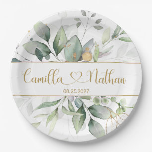 Assiettes En Carton Mariage de feuillage vert et or