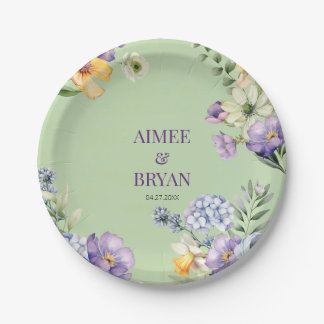 Assiettes En Carton Mariage de fleurs d'aquarelle verte
