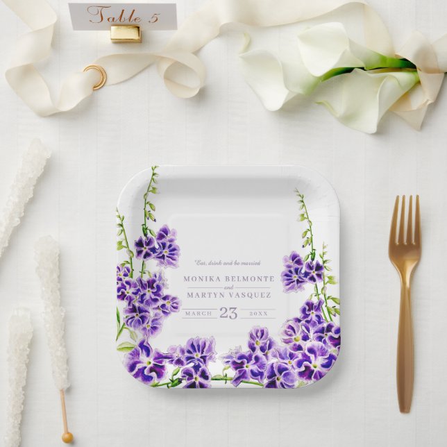 Assiettes En Carton Mariage de fleurs d'aquarelle violet duranta (Mariage)