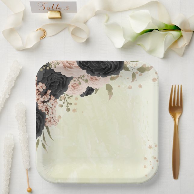 Assiettes En Carton mariage de fleurs roses noires (Mariage)