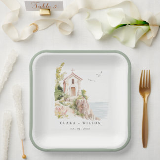 Assiettes En Carton Mariage de l'église catholique de l'aquarelle côti