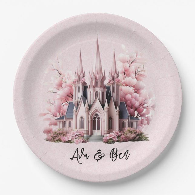 Assiettes En Carton Mariage de l'église d'aquarelle rose (Devant)
