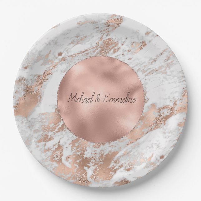 Assiettes En Carton Mariage de Marbre blanc rose Gold Glitz (Devant)