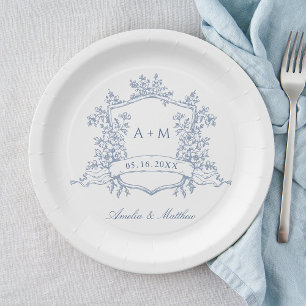 Assiettes En Carton Mariage de monogramme classique bleu Dusty Floral 