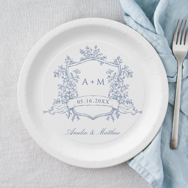 Assiettes En Carton Mariage de monogramme classique bleu Dusty Floral  (Créateur téléchargé)
