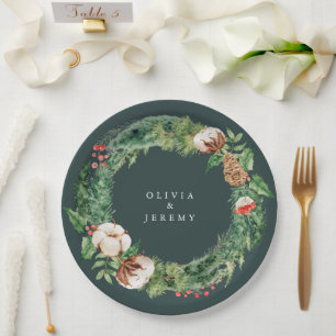Assiettes En Carton Mariage de monogramme de coton et de vert d'hiver