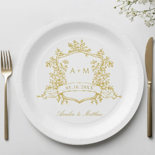 Assiettes En Carton Mariage de monogramme de crête florale classique o