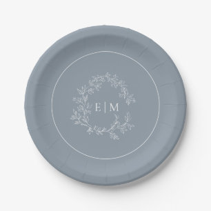 Assiettes En Carton Mariage de monogramme moderne Dusty Blue Leafy Cre