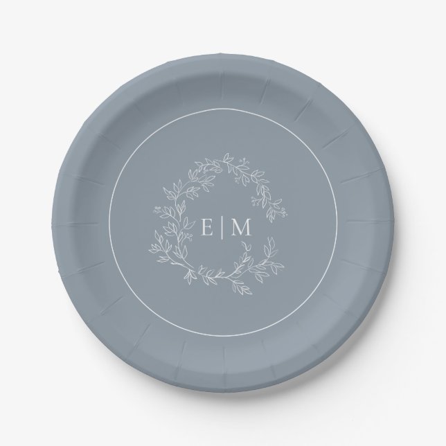 Assiettes En Carton Mariage de monogramme moderne Dusty Blue Leafy Cre (Devant)