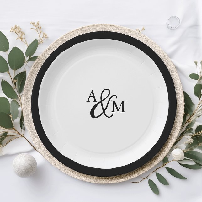 Assiettes En Carton Mariage de monogramme noir et blanc (Créateur téléchargé)