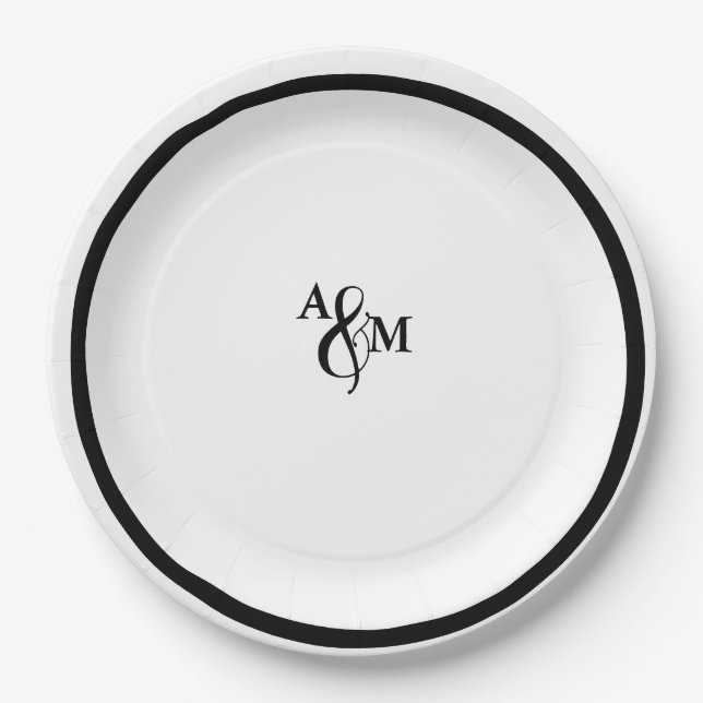 Assiettes En Carton Mariage de monogramme noir et blanc moderne (Devant)