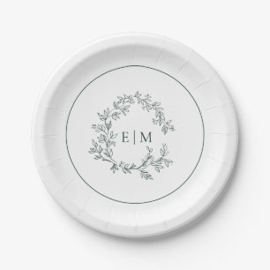Assiettes En Carton Mariage de monogramme vert émeraude moderne