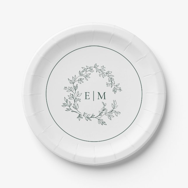Assiettes En Carton Mariage de monogramme vert émeraude moderne (Devant)