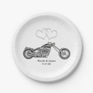 Assiettes En Carton Mariage de motard de coeurs de moto et d'argent
