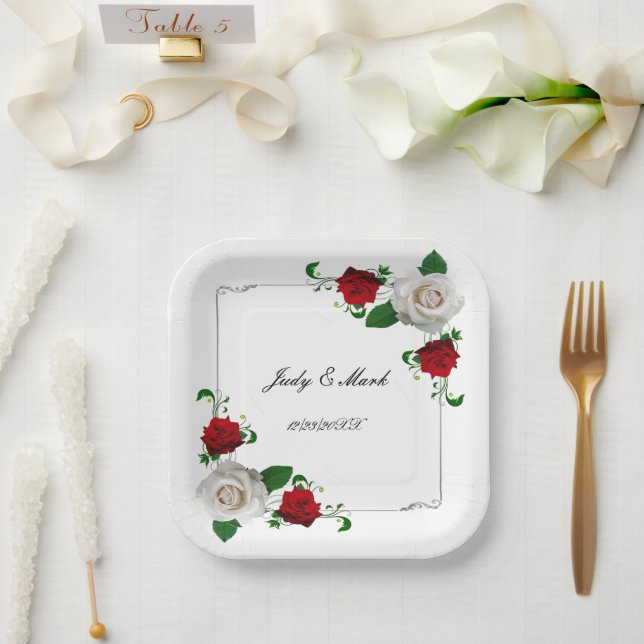 Assiettes En Carton Mariage De Noël Rose Rouge Et Blanc (Mariage)