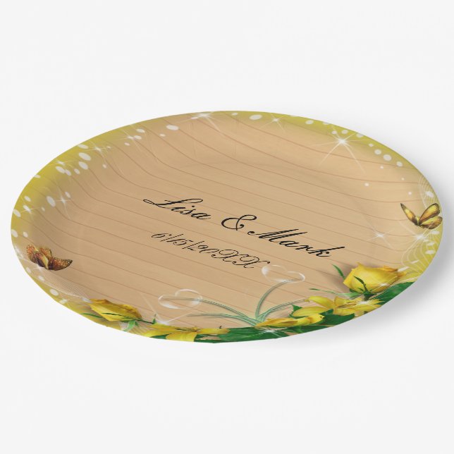 Assiettes En Carton Mariage de papillon floral jaune bois rustique (Angle)