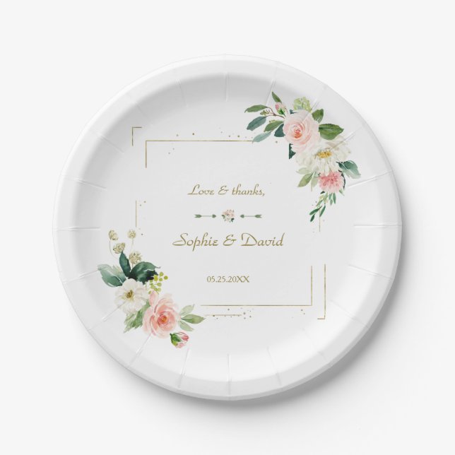 Assiettes En Carton Mariage de Parties scintillant or aux fleurs blanc (Devant)