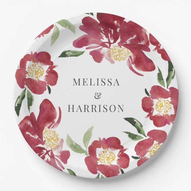 Assiettes En Carton Mariage de pivoine rouge (Devant)